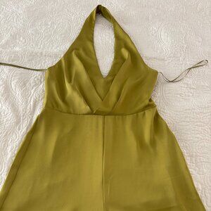 Olive Green Satin Halterneck Jumpsuit.